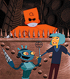 Iz and Auggie decide how to deal with an Elite Qubic Pentameter Security Guard in the forthcoming Escape From Dimension Q. © Headbone Interactive.