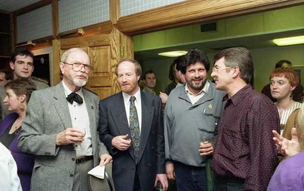 Chuck Jones at a reception at the Bluth Studios in Dublin. That's Chuck, Des Fahey (Dublin Business Innovation Center), me and Gary Goldman