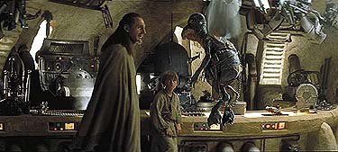 Anakin Skywalker and Obi-Wan Kenobi encounter Watto, a flying creature that looks like a cross between a hummingbird and an elephant. A cloth dynamics program was written specifically for the clothes worn by Jar Jar, Watto,
