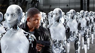 Digital Domain completed more than 500 shots of the robots, including 300 of Sonny (above left). Photo Credit: Digital Domain. All I, Robot images  and © 2004 Twentieth Century Fox. All rights reserved.
