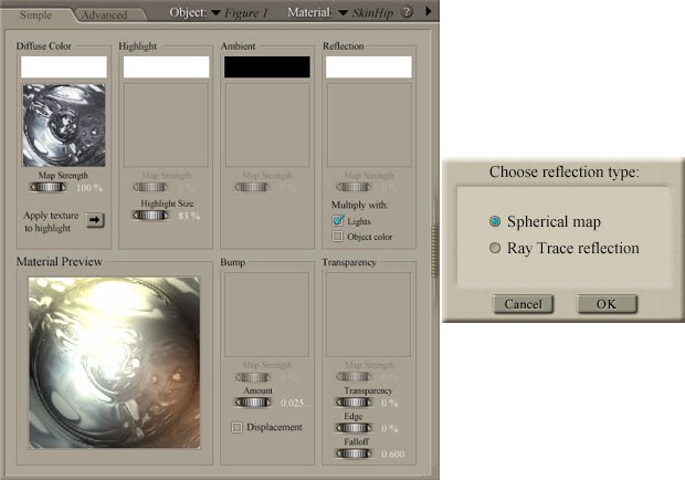 [Figure 3 & 4] Material with highlights (left). Choose a reflection type (right). 