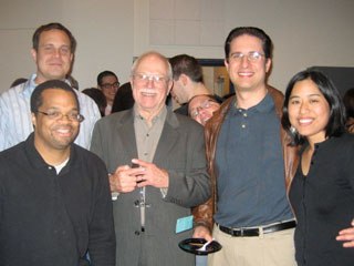 Dan McLaughlin (center) celebrates his retirement as chair of the UCLA Animation Workshop with former students (l to r) Stuart Allan (back), Glenn Hanna, and Bill and Michelle Tessier. Courtesy of Maija Burnett.