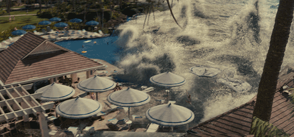 The process of building mid- and- background CG environments with heavy destruction, water splashes and digital doubles was difficult. Images courtesy of Warner Bros.
