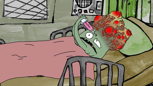 Early Cuyler (voiced by Unknown Hinson) self medicating his asbestos infection in season 5 of Squidbillies. Credit: Adult Swim.