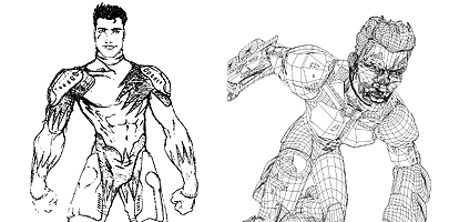 Rough concept sketches of the Action Man character are turned into a detailed wireframe model once the character's design is final. Courtesy and © Mainframe Entertainment.