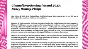 Nancy Denney-Phelps Presented the Giannalberto Bendazzi Award at Paris International Animation Film Festival